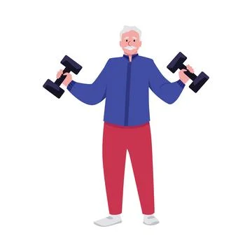 Senior man training with dumbbells, vector cartoon elderly grandfather doing Stock Illustration