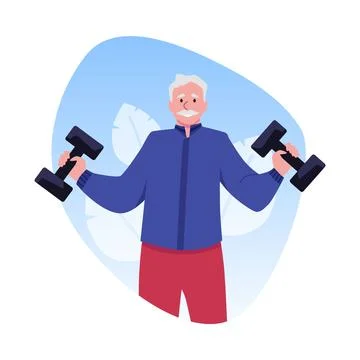 Senior man training with dumbbells, vector cartoon elderly grandfather doing Stock Illustration