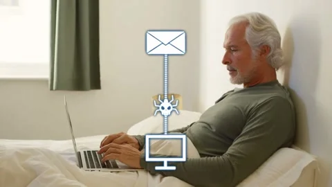 Senior man typing in bed, envelope sending malware to laptop, security shield Stock Footage 333397161
