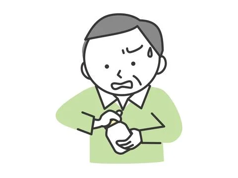 Senior man unable to open bottle cap due to weak grip strength. Illustrazione stock