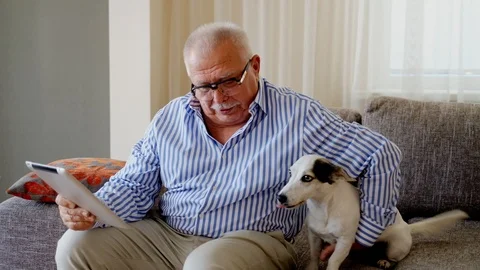 Senior man uses tablet sitting on sofa with dog at home Stock Footage 115884437