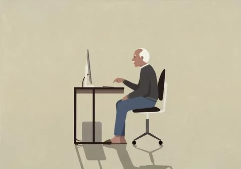 Senior man using computer at desk Stock Illustration