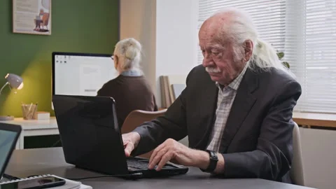 Senior Man Using Laptop in Computer Literacy Class Stock Footage 333704297