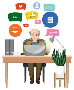 Senior Man Using Laptop at Desk Stock Illustration