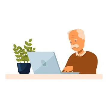 Senior man using laptop, working from home or connecting with family Stock Illustration