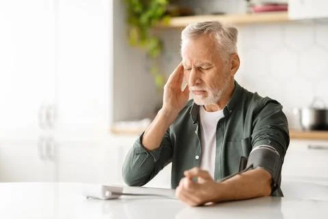 Senior man using upper arm blood pressure monitor while sitting at kitchen Stock Photos