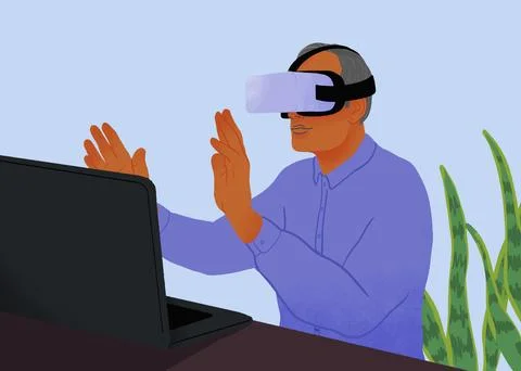 Senior man using VR headset at laptop Illustrazione stock