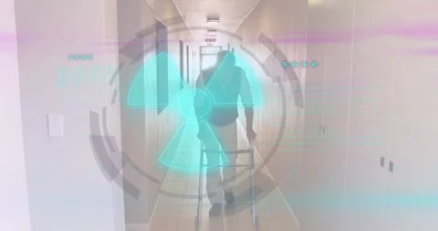 Senior man using walker walking medical HUD tracking pace shifting hazard symbol Stock Footage 318064221