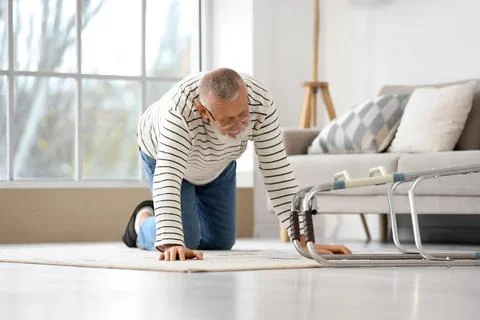 Senior man with walker after fall at home Stock Photos