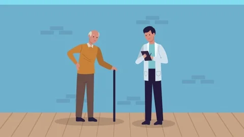 Senior man with walking stick talking to doctor in clinic animation. Stock Footage 339256685