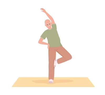 Senior man warming up before yoga activity on mat flat color vector character Stock Illustration