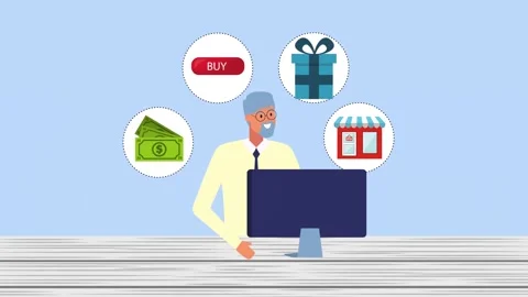 Senior man working on computer with floating digital icons representing sho.. Stock Footage 338426453