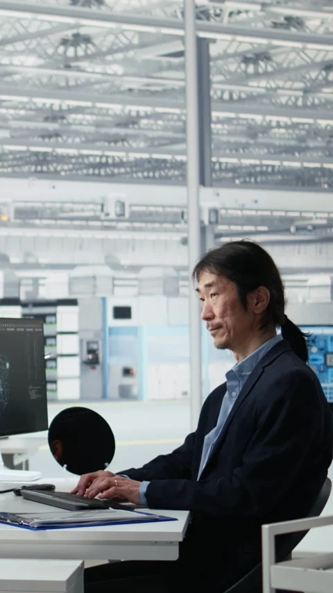 Senior manager analyzing chip architecture with AI model in microchip factory Stock Footage 335883087