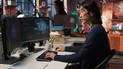 Senior manager drinks coffee while working in software development agency Stock Photos