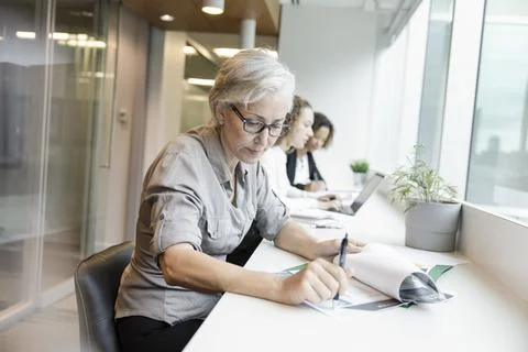 Senior manager reading paperwork in office coworking space Stock Photos