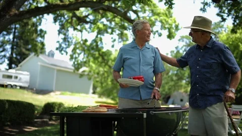 Senior men barbecuing. Video stock 88372070