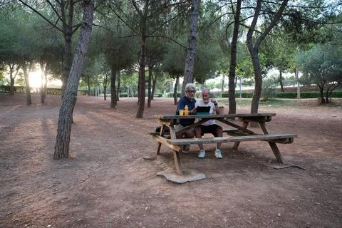 Senior men using tablet at picnic table in park Stock Photos