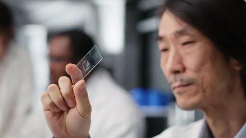 Senior microscopist examining microscope glass slide in laboratory Stock Footage 320719384