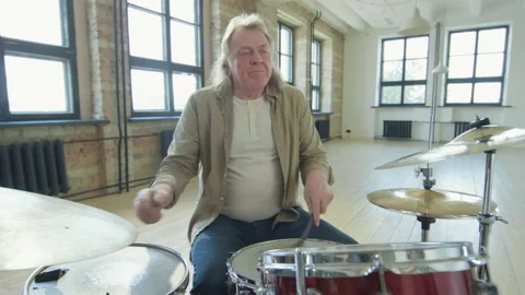 Senior Musician Practicing Drumset Stock Footage 202266942