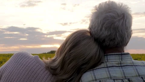 Senior pair embracing during serene evening in open countryside Stock Footage 330108092