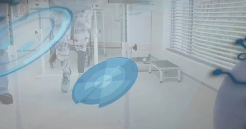 Senior patient gripping parallel bars and activating blue overlays during Stock-Footage 318093149
