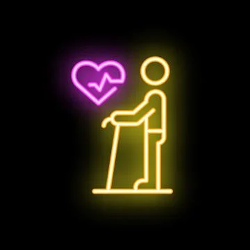 Senior patient using walking stick with heartbeat line neon sign Stock Illustration