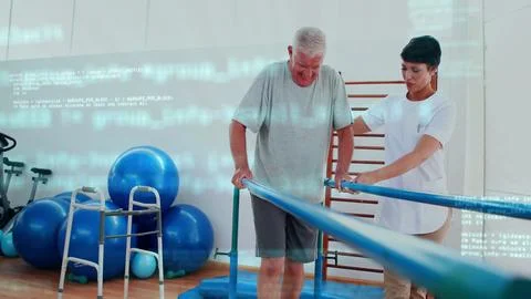 Senior patient is walking on parallel bars with therapist guiding hands in flat Stock Photos