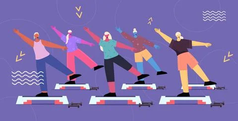 Senior people group doing squats on step platform aged men women training in gym Stock Illustration