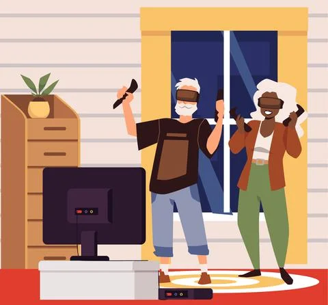 Senior people playing virtual computer games, flat vector illustration. Illustrazione stock