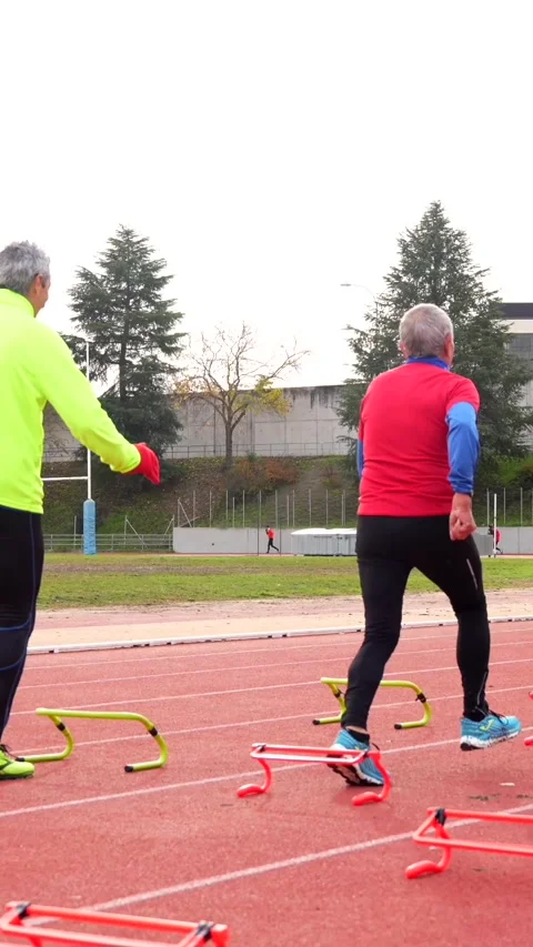 Senior people preparing training elements in a running track Stock Footage 258429045