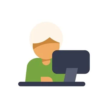 Senior person working on desktop computer, flat design illustration Stock Illustration
