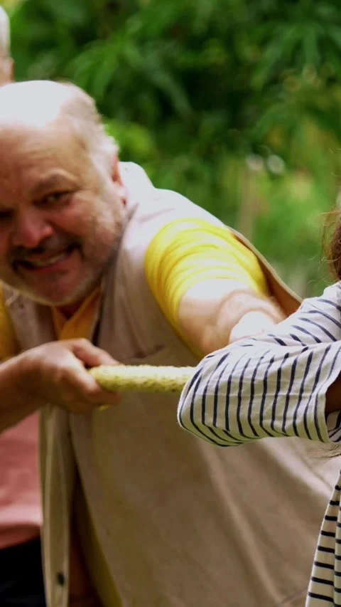 Senior playing tug of war game, Indian friends enjoying physical challenge Stock Footage 342387095