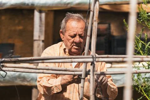 Senior preparing materials to build structure on farm. Stock Photos