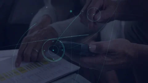 Senior professionals pointing spreadsheet row and tapping phone, generating 3D Stock Footage 312407121