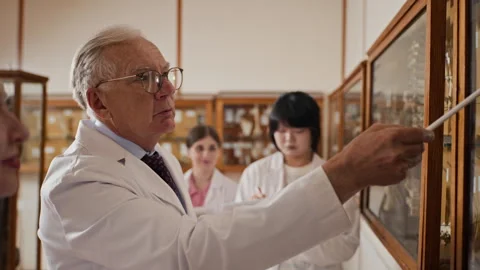 Senior Professor Explaining Anatomy to Multiethnic Medical Students Stock Footage 341647004