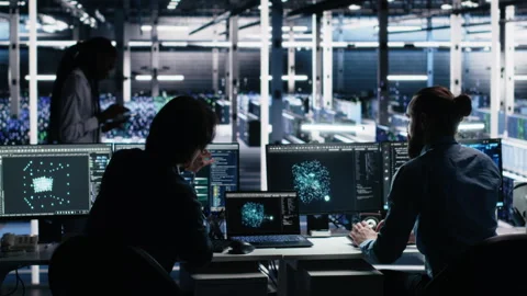 Senior programmer and coworker in data center coding with generative AI Stock Footage 313638647