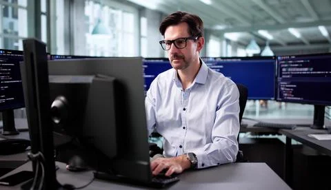 Senior Programmer Debugging Cyber Security Software At Desktop In Office Foto stock