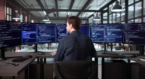 Senior Programmer Developing Cyber Security App On Office Computer Screen 스톡 사진