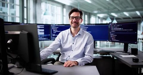 Senior Programmer Working On Web Development Code At His Desk Office Stock Photos