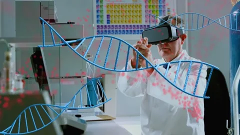 Senior scientist adjusting VR headset in lab, pinching DNA helix rotating and Video stock 326877109