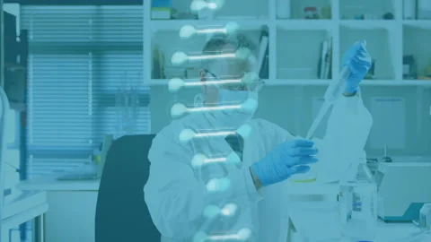 Senior scientist checking mask before pipetting sample for genetic testing with Stock Footage 310150812