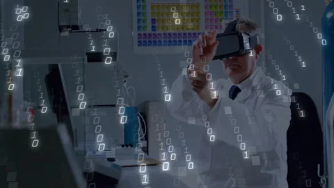 Senior scientist donning VR headset while manipulating binary data clusters for Stockbeeldmateriaal 312467990