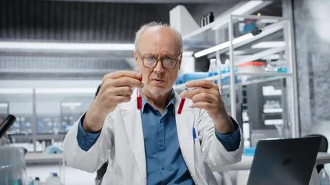 Senior scientist in lab analyzing batch of blood samples 스톡 사진