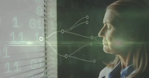 Senior scientist observing network on blinds, with tablet entering frame Stock Footage 312717166