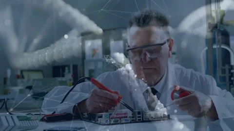 Senior scientist picking up red leads to test circuit board while helix and data Stock Footage 327003440