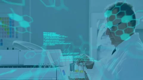 Senior scientist picking yellow vial and loading into lab analyzer while overlay Stock Footage 330169552