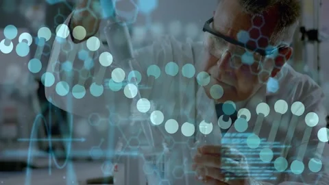 Senior scientist reaching beaker measuring with pipet for DNA analysis while Stock Footage 331272475