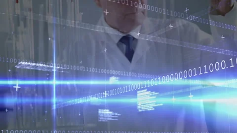 Senior scientist tapping clipboard starting binary overlay while studying test Stock Footage 313677307