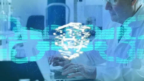 Senior scientist typing on lab laptop, initiating binary code flow into Stock Footage 317869366