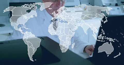 Senior scientist working on computer in medical laboratory, with floating Stock Footage 307442183